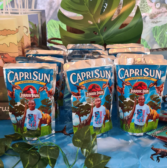 Custom dinosaur themed caprisun party favors